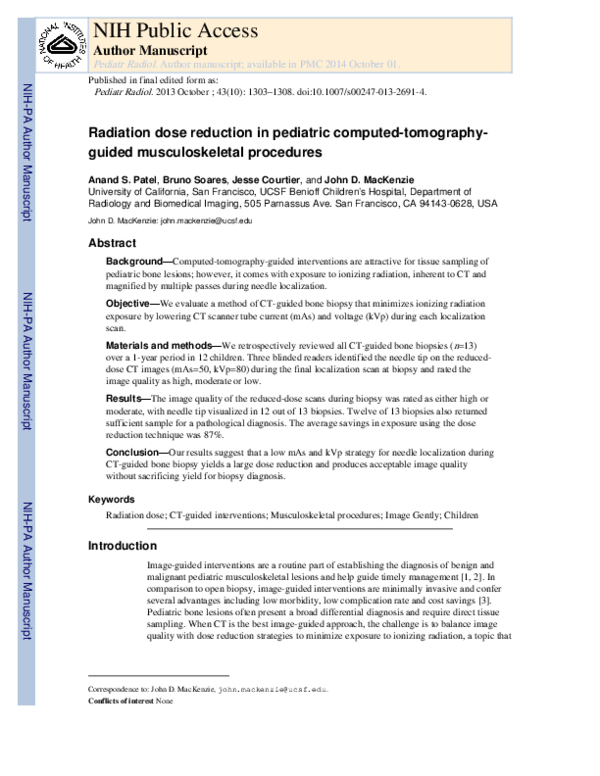 (PDF) Radiation dose reduction in pediatric CT-guided musculoskeletal ...
