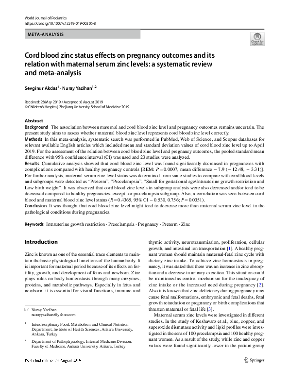 (PDF) Cord blood zinc status effects on pregnancy and its