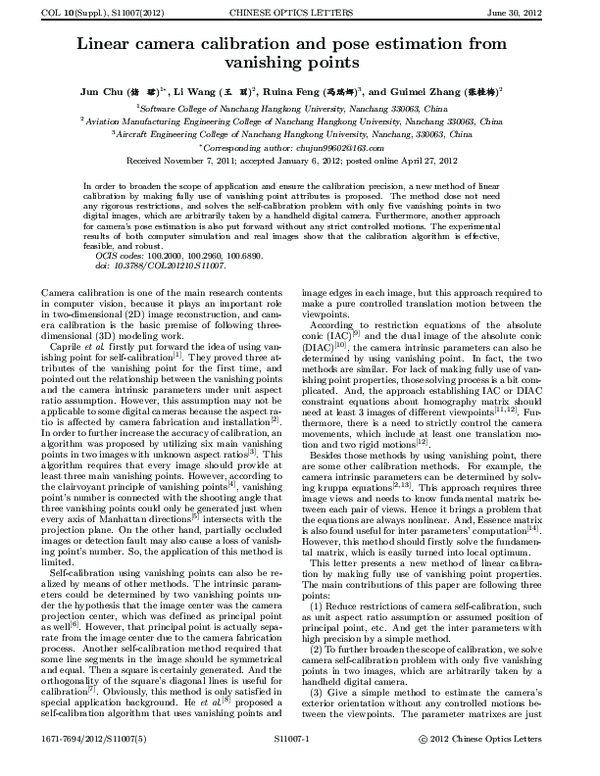 (PDF) Linear camera calibration and pose estimation from vanishing