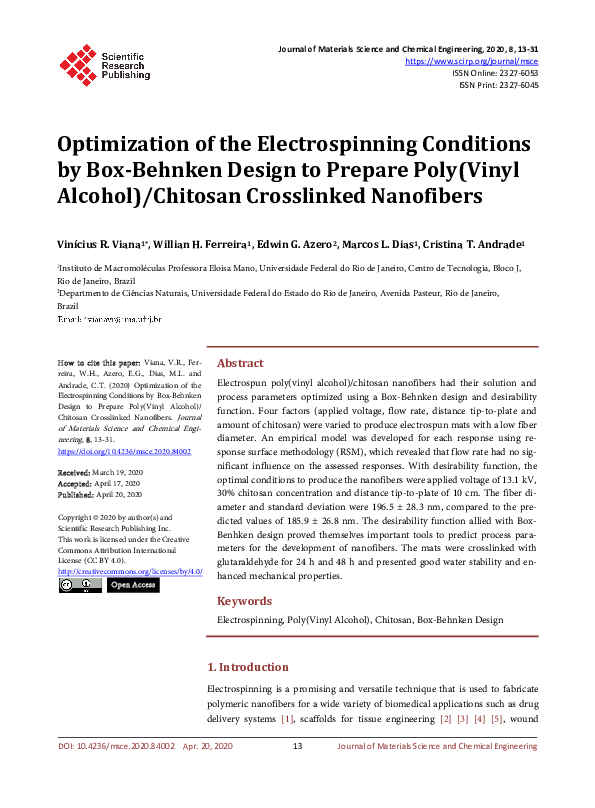 (PDF) Optimization of the Electrospinning Conditions by Box-Behnken ...