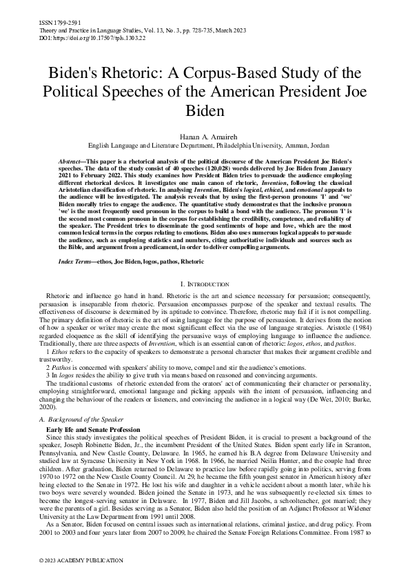 (PDF) Biden's Rhetoric: A Corpus-Based Study of the Political Speeches ...