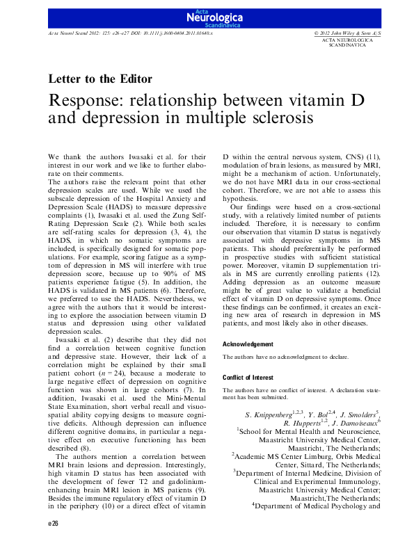 (PDF) Response: relationship between vitamin D and depression in ...
