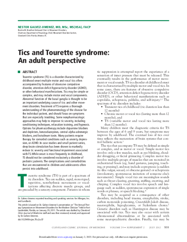 (PDF) Tics and Tourette syndrome: an adult perspective
