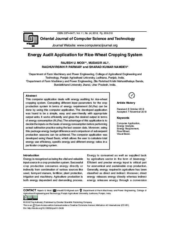 (PDF) Energy Audit Application for Rice-Wheat Cropping System | Sharad ...