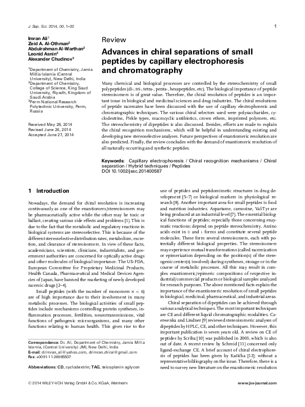 (PDF) Advances in chiral separations of small peptides by capillary ...