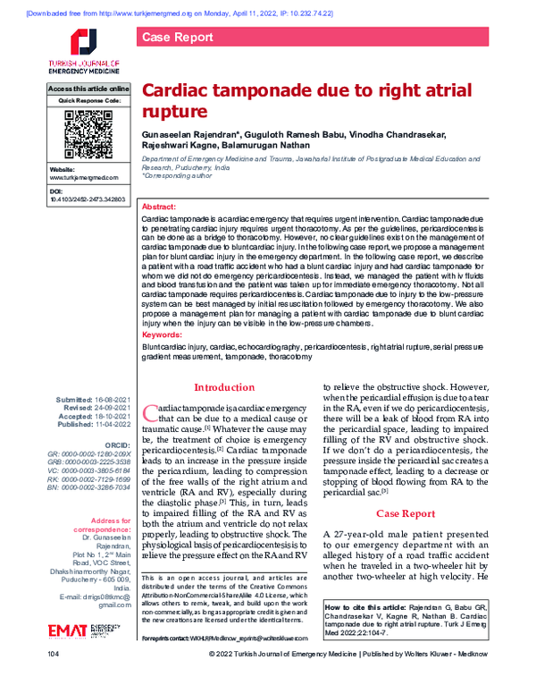 (PDF) Cardiac tamponade due to right atrial rupture