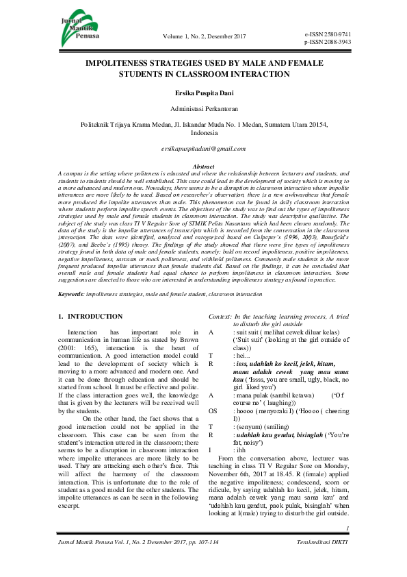 (PDF) Impoliteness Strategies Used by Male and Female Students in ...