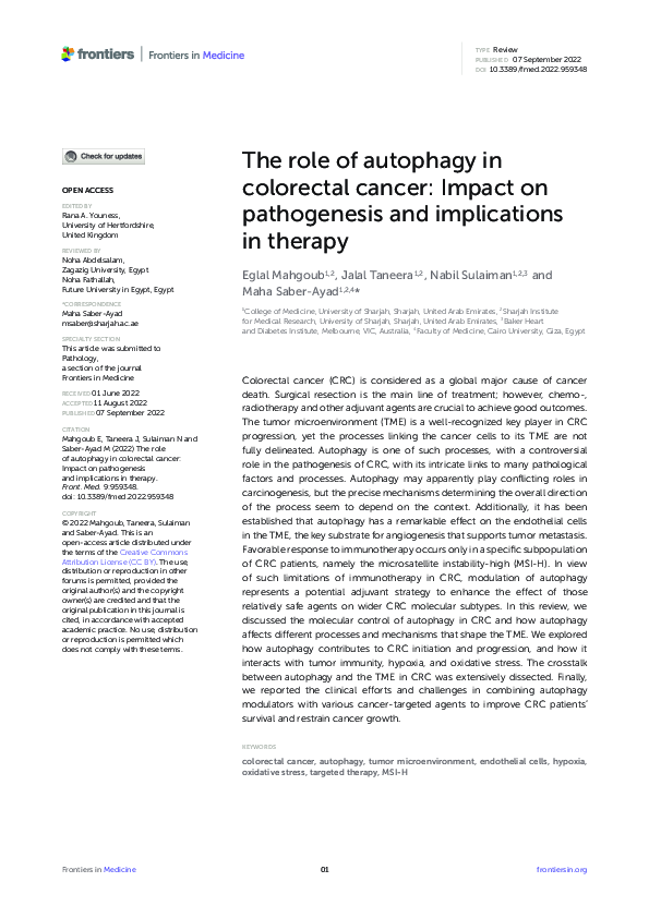 (PDF) The role of autophagy in colorectal cancer: Impact on ...