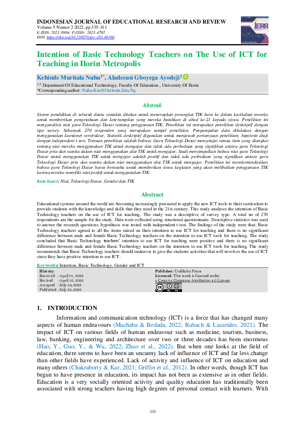 (PDF) Intention of Basic Technology Teachers on The Use of ICT for ...