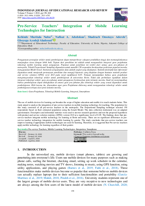 (PDF) Pre-Service Teachers’ Integration of Mobile Learning Technologies ...