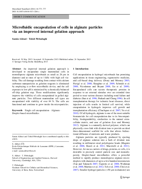 (PDF) Microfluidic encapsulation of cells in alginate particles via an ...
