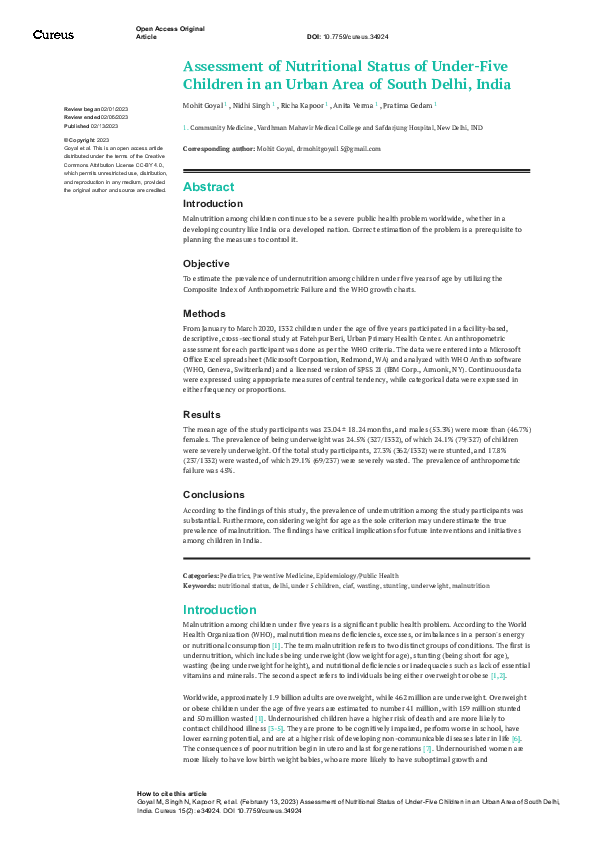 (PDF) Assessment of Nutritional Status of Under-Five Children in an ...