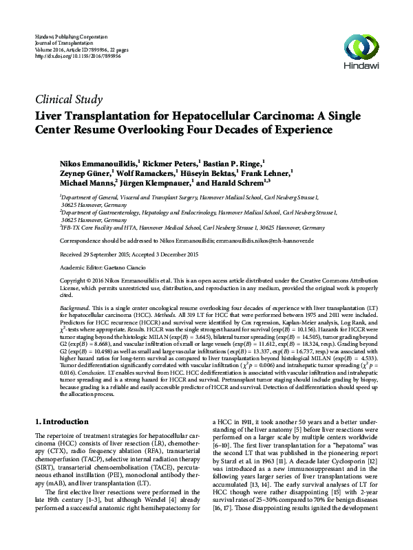 (PDF) Liver Transplantation for Hepatocellular Carcinoma: A Single ...