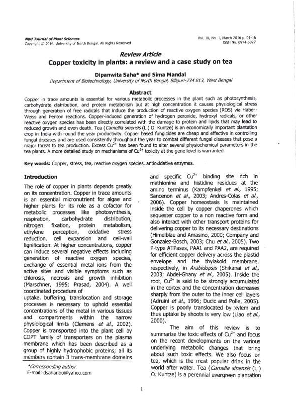 (PDF) Copper toxicity In plants a review and a case study on tea