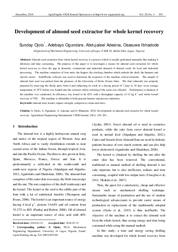 (PDF) Development of Almond Seed Extractor for Whole Kernel Recovery