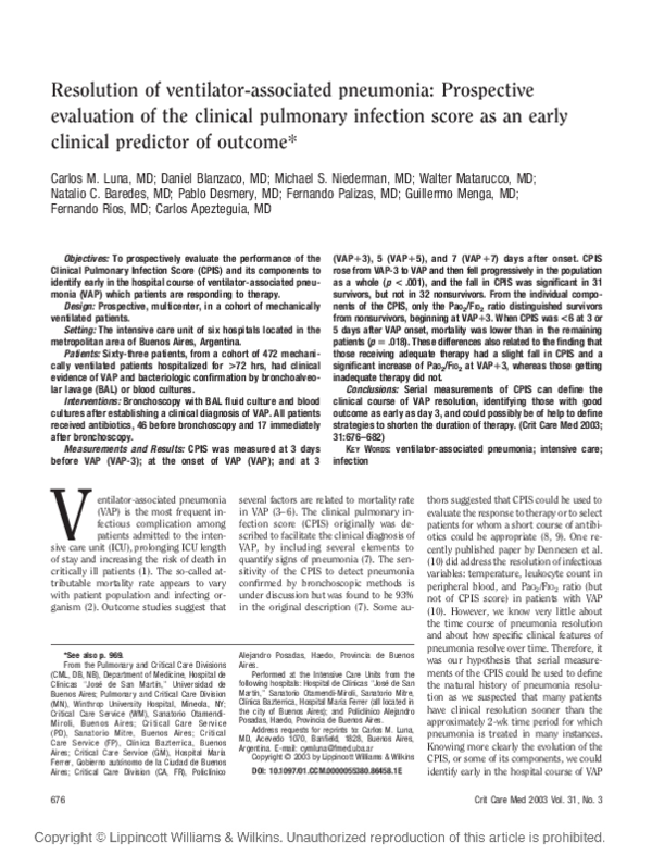 (PDF) Resolution of ventilator-associated pneumonia: Prospective ...