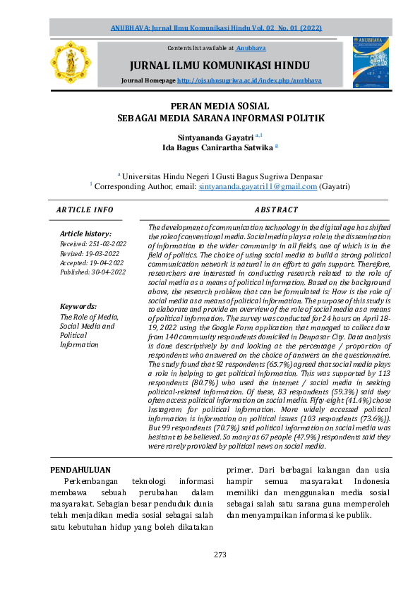 (PDF) Peran Media Sosial Sebagai Media Sarana Informasi Politik