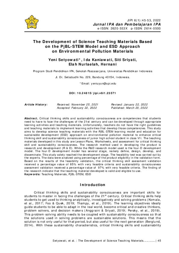 (PDF) The Development of Science Teaching Materials Based on the PjBL ...
