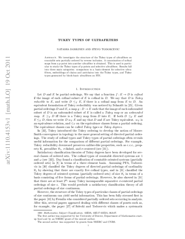(PDF) Tukey types of ultrafilters Natasha Dobrinen Academia.edu