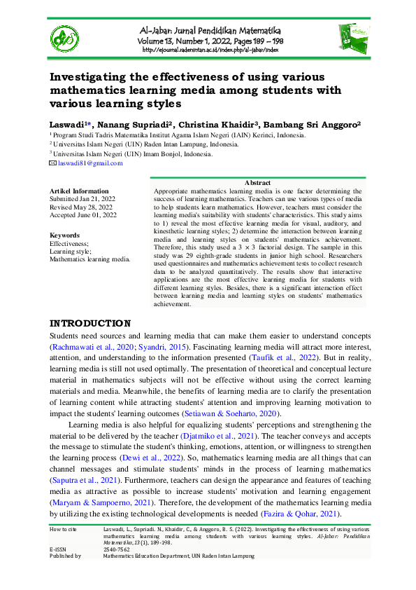 (PDF) Investigating the effectiveness of using various mathematics ...