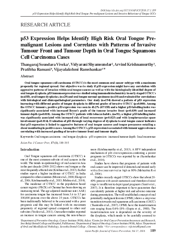 (PDF) p53 Expression Helps Identify High Risk Oral Tongue Premalignant ...
