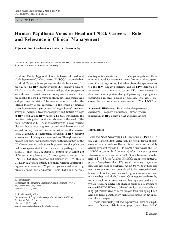 (PDF) Human papilloma virus in head and neck cancers-role and relevance ...