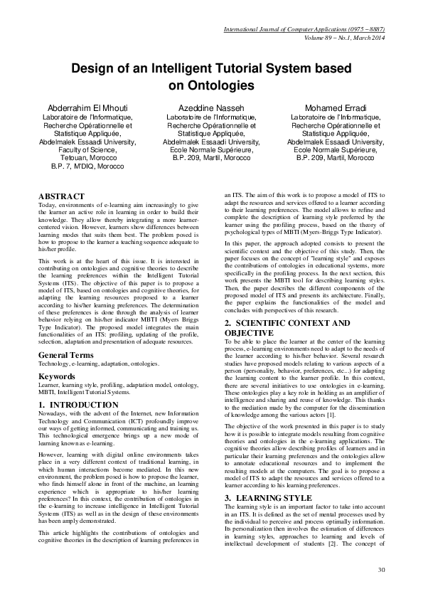 (PDF) Design of an Intelligent Tutorial System based on Ontologies
