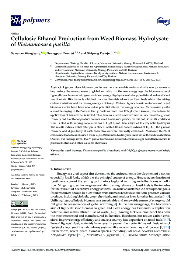 (PDF) Cellulosic Ethanol Production from Weed Biomass Hydrolysate of ...