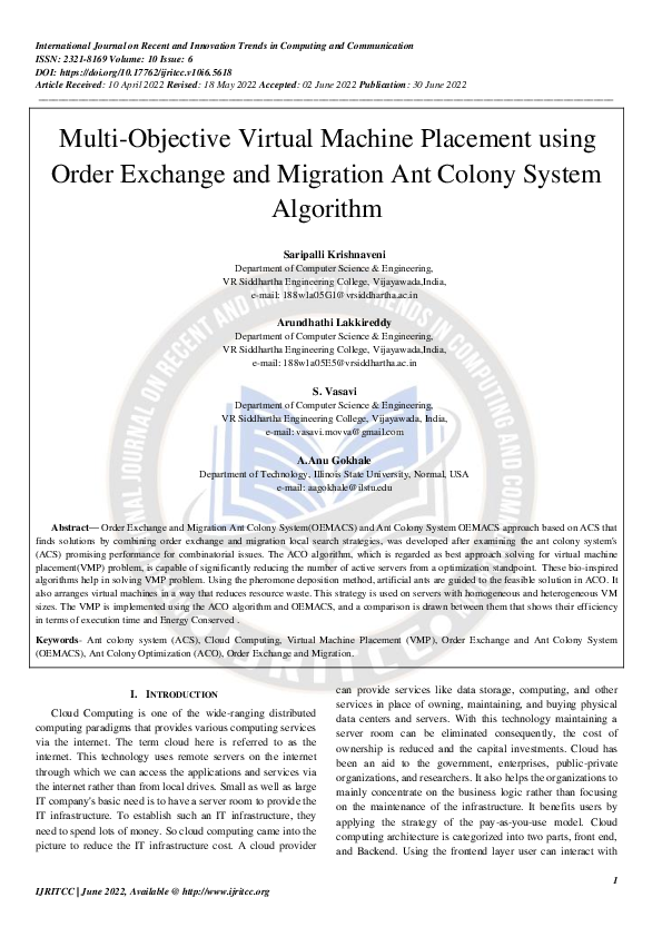 (PDF) Multi-Objective Virtual Machine Placement using Order Exchange ...