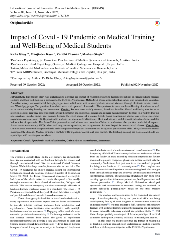 (PDF) Impact of Covid - 19 Pandemic on Medical Training and Well-Being ...