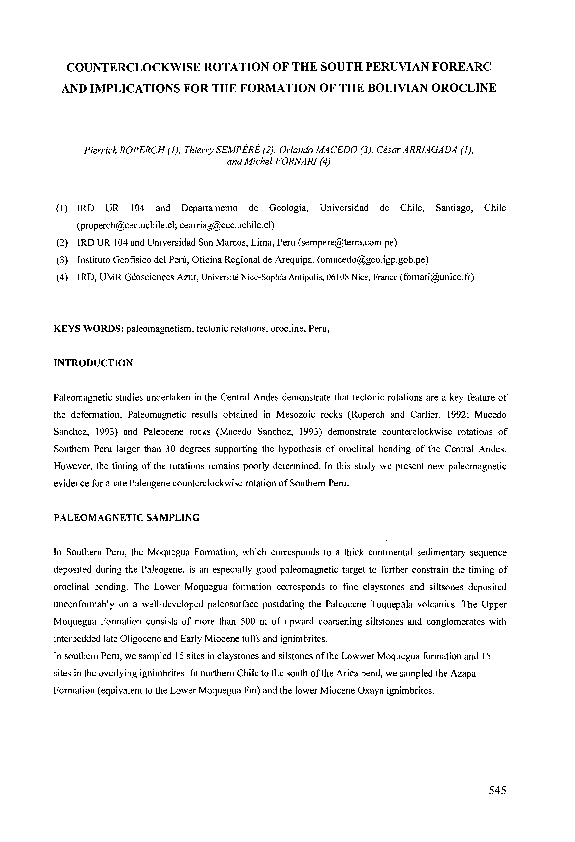 Counterclockwise Rotation of the South Peruvian Forearc and Implications for the Formation of the Bolivian Orocline