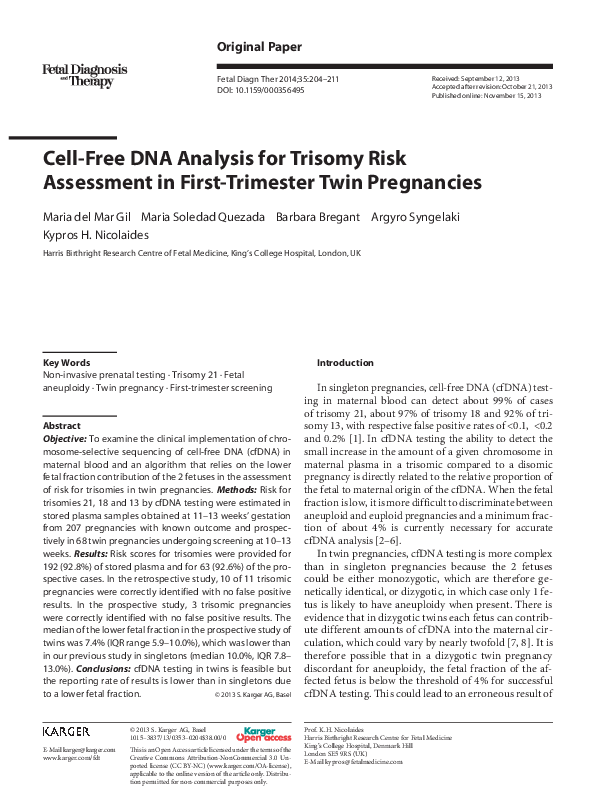  pdf cell free dna analysis for trisomy risk assessment in first
