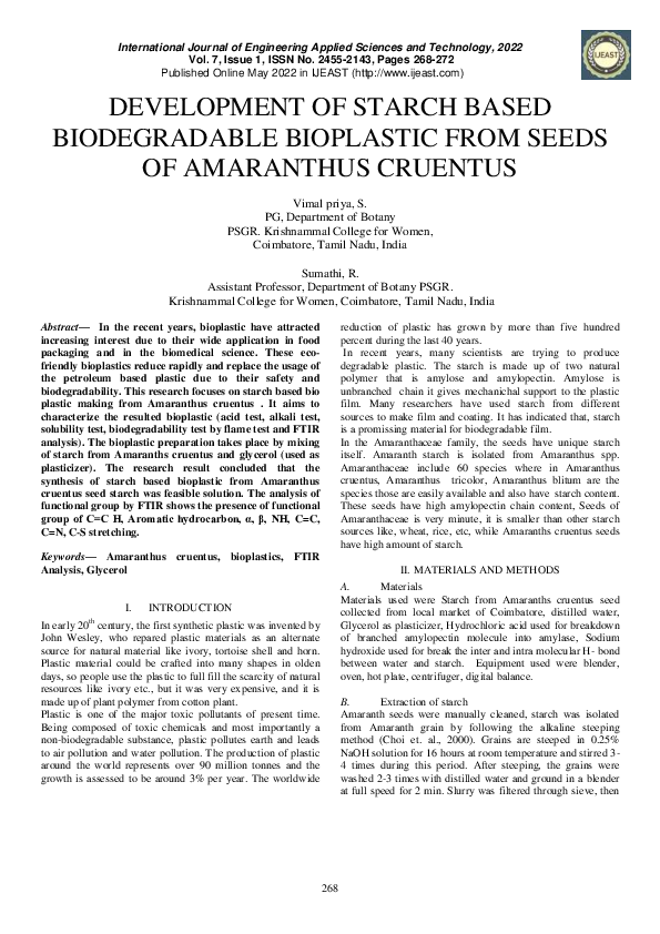 (PDF) Development of Starch Based Biodegradable Bioplastic from Seeds ...