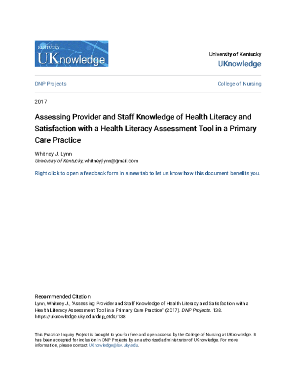 (PDF) Assessing Provider and Staff Knowledge of Health Literacy and