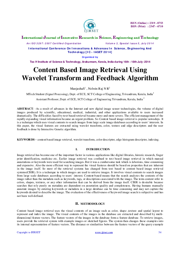 (PDF) Content Based Image Retrieval UsingWavelet Transform and Feedback ...