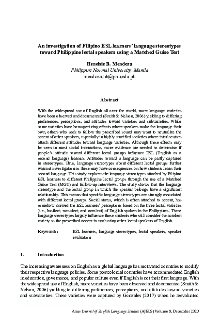 (PDF) An investigation of Filipino ESL learners’ language stereotypes ...