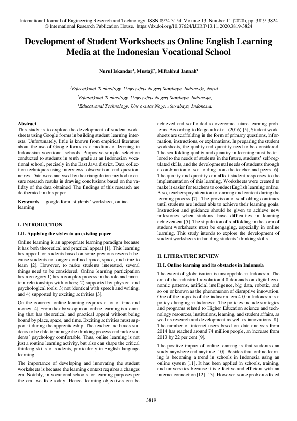 (PDF) Development of Student Worksheets as Online English Learning ...