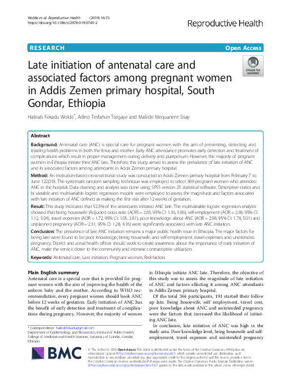 (PDF) Late initiation of antenatal care and associated factors among ...