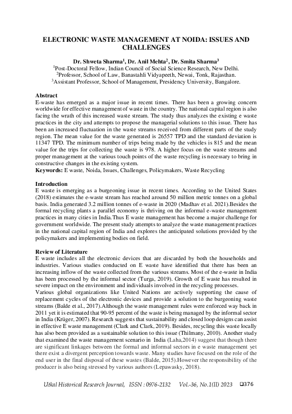 (PDF) ELECTRONIC WASTE MANAGEMENT AT NOIDA ISSUES AND CHALLENGES