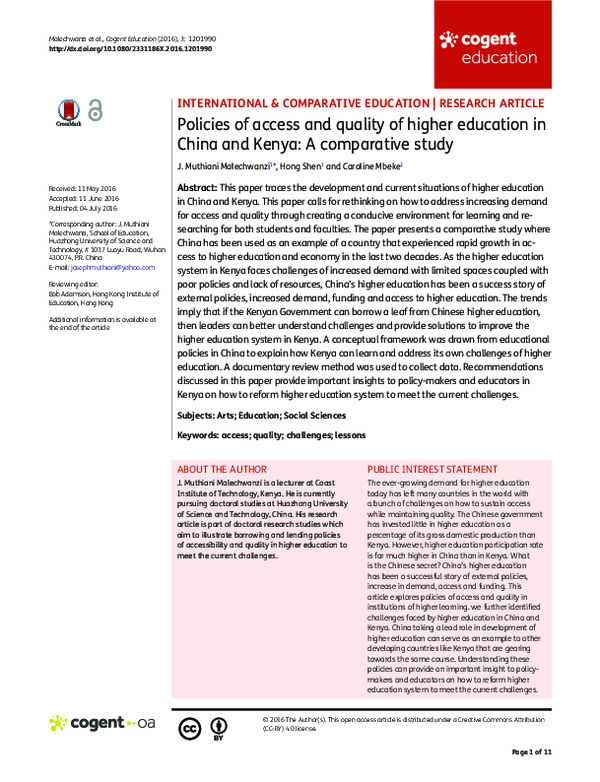 (PDF) Policies of access and quality of higher education in China and ...