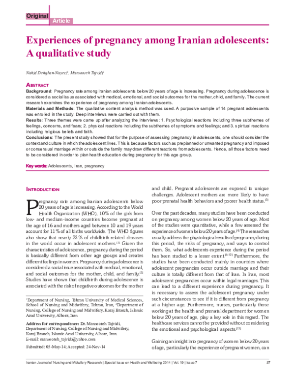 (PDF) Experiences of pregnancy among Iranian adolescents: A qualitative ...
