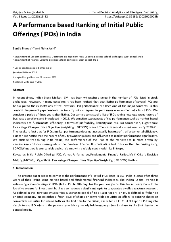 (PDF) A Performance based Ranking of Initial Public Offerings (IPOs) in ...