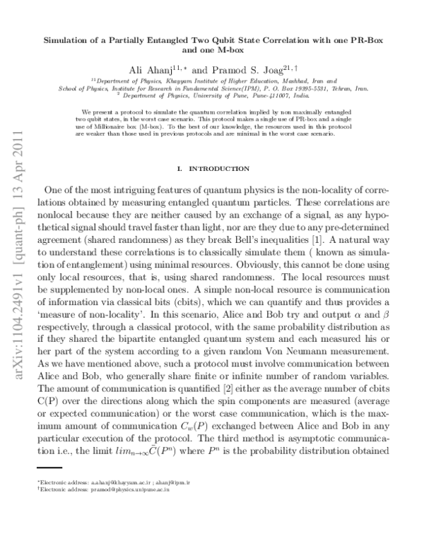 (PDF) Simulation of a Partially Entangled Two Qubit State Correlation ...
