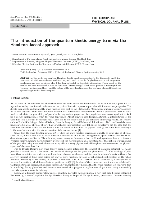 (PDF) The introduction of the quantum kinetic energy term via the ...