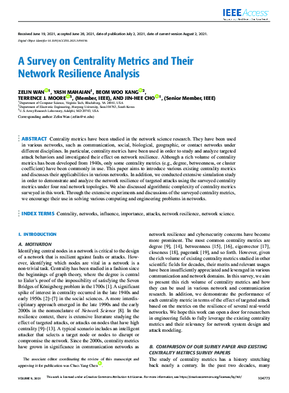 (PDF) A Survey on Centrality Metrics and Their Network Resilience Analysis