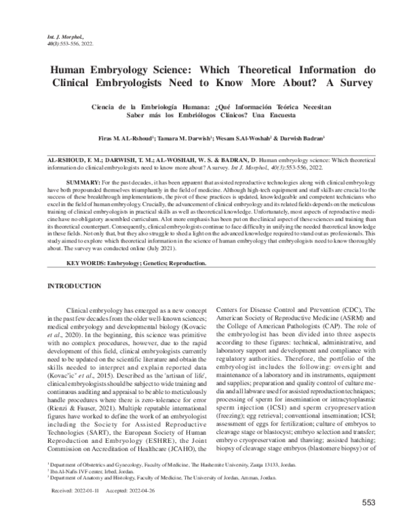 (PDF) Human Embryology Science: Which Theoretical Information do ...