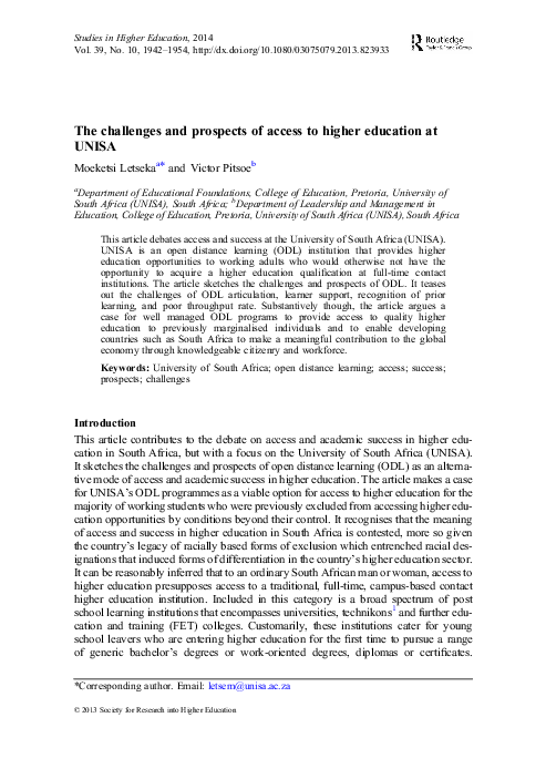 (PDF) The challenges and prospects of access to higher education at UNISA