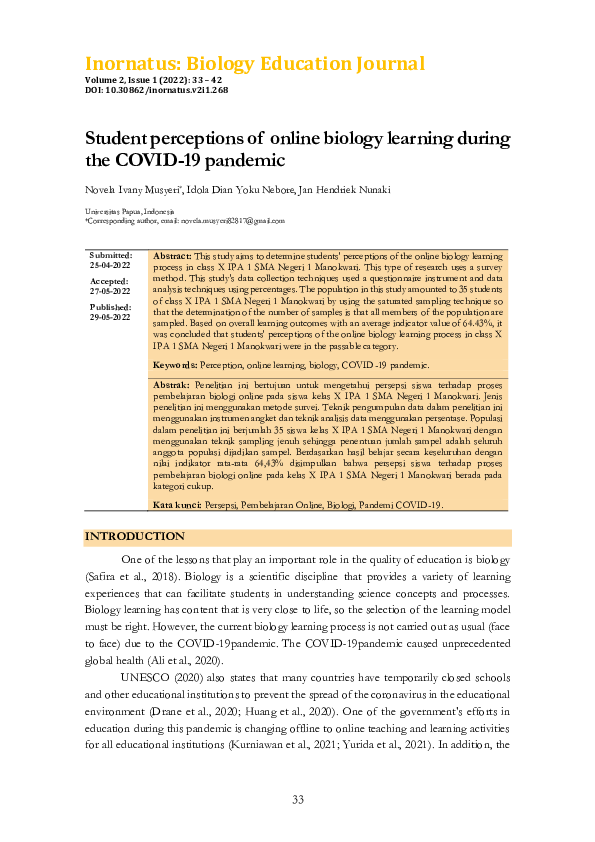 (PDF) Student perceptions of online biology learning during the COVID ...