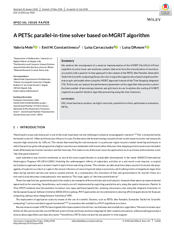  pdf a petsc parallel in time solver based on mgrit algorithm