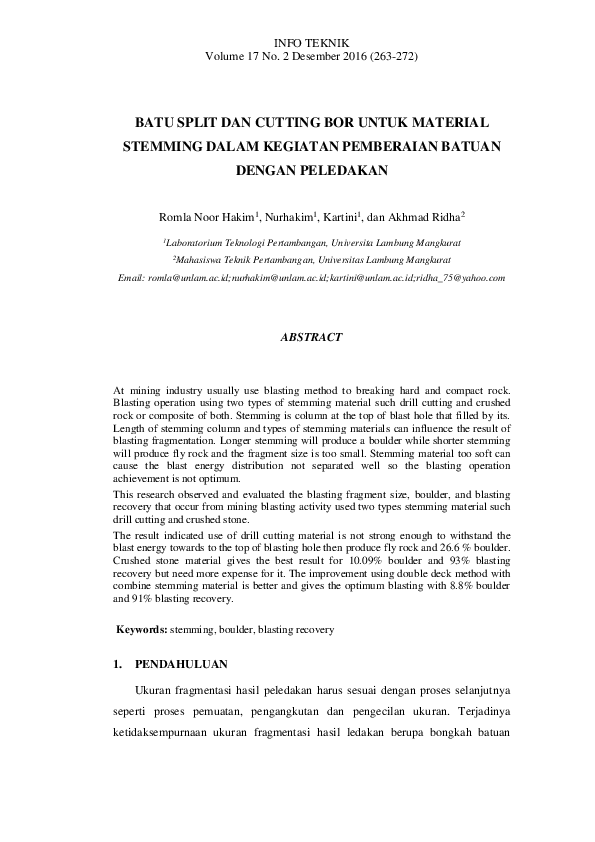 Pdf Batu Split Dan Cutting Bor Untuk Material Stemming Dalam Kegiatan